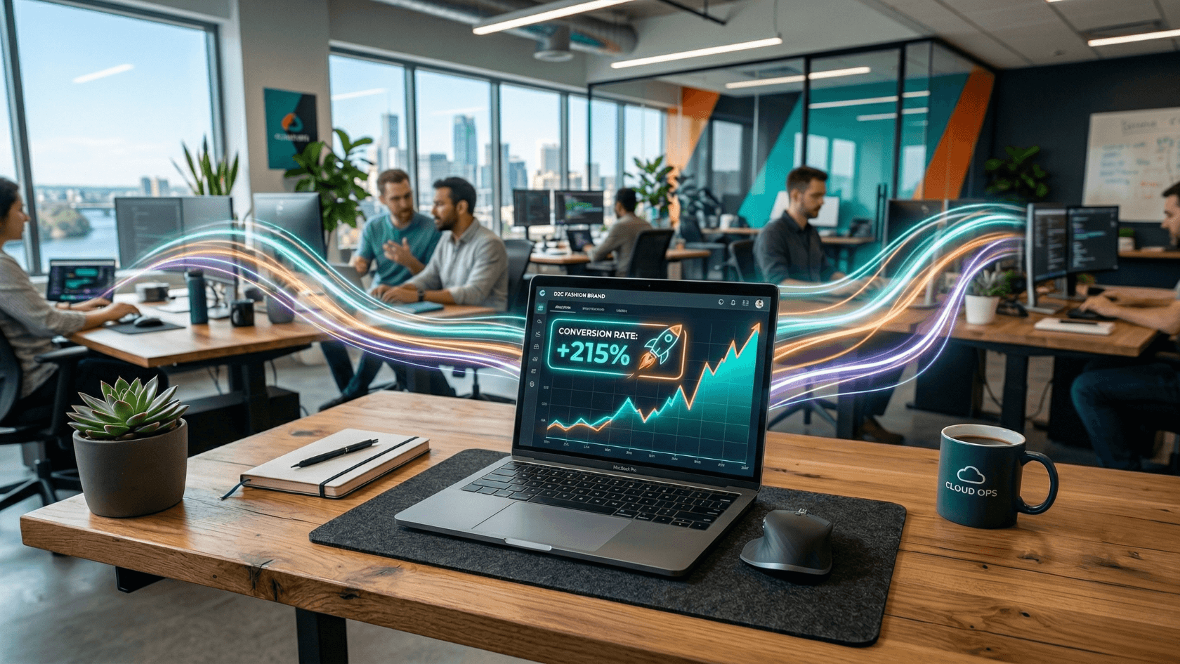 A glowing analytics dashboard showing skyrocketing conversion rates and massive revenue growth due to predictive speed improvements.