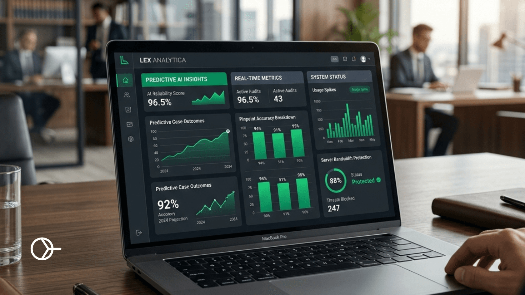 Sleek laptop on a dark desk showing a dark-mode analytics dashboard. It highlights a 10% predictive precision rate and server bandwidth protection metrics in crisp emerald green.
